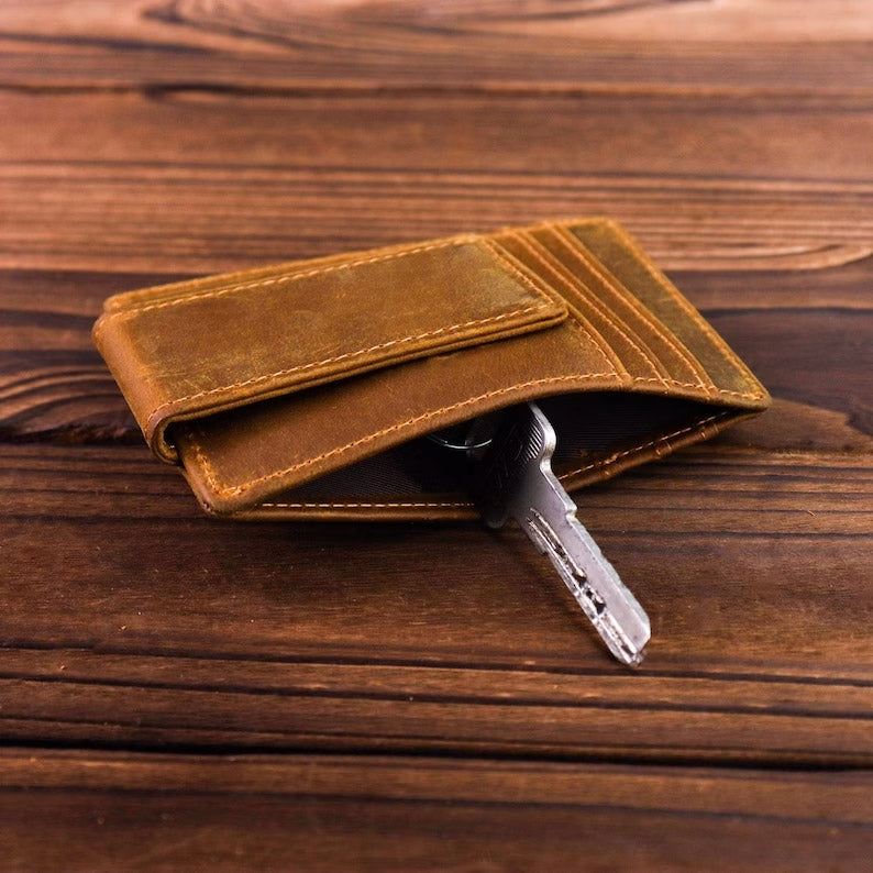 Mens Leather Money Clip Personalized, Slim wallet with money clip, Leather Money Clip Gifts for Men Gift for Husband, Thin Wallet for men