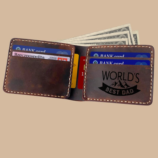 Personalized Leather Wallet Dad, World Best Dad, Father Gift, Men Gift, High-Quality Handmade Leather, Laser Engraved